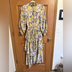 Sam and Jess maxi dress women’s small yellow blue 3/4 sleeve asymmetrical tiered